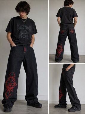 Y2K Black Baggy Jeans Mens Medium Red Embroidered Gothic Skull Wide Leg Skater